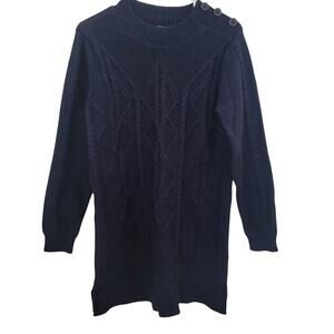 Woolovers Medium Blue‎ Crochet Cable Knit 100% Pure Wool Fisherman Sweater Dress